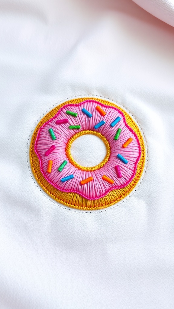 Colorful embroidered donut with pink frosting and sprinkles on pastel fabric.